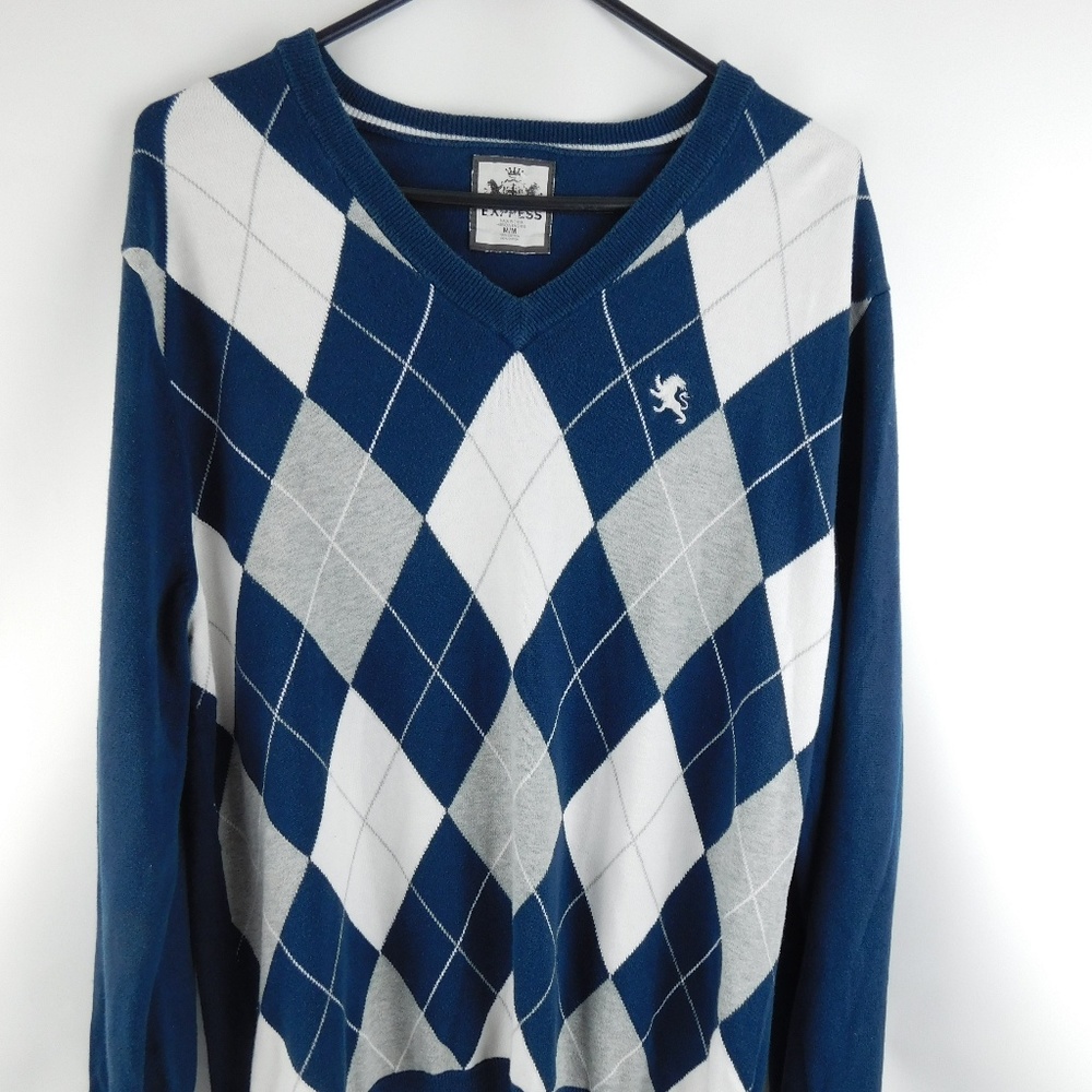 Express Blue & White Checked V-Neck Top Sweater